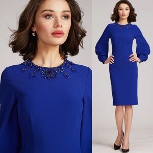RICKIE FREEMAN FOR TERI JON CRYSTAL EMBELLISHED CREPE SHEATH LONG SLEEVE DRESS